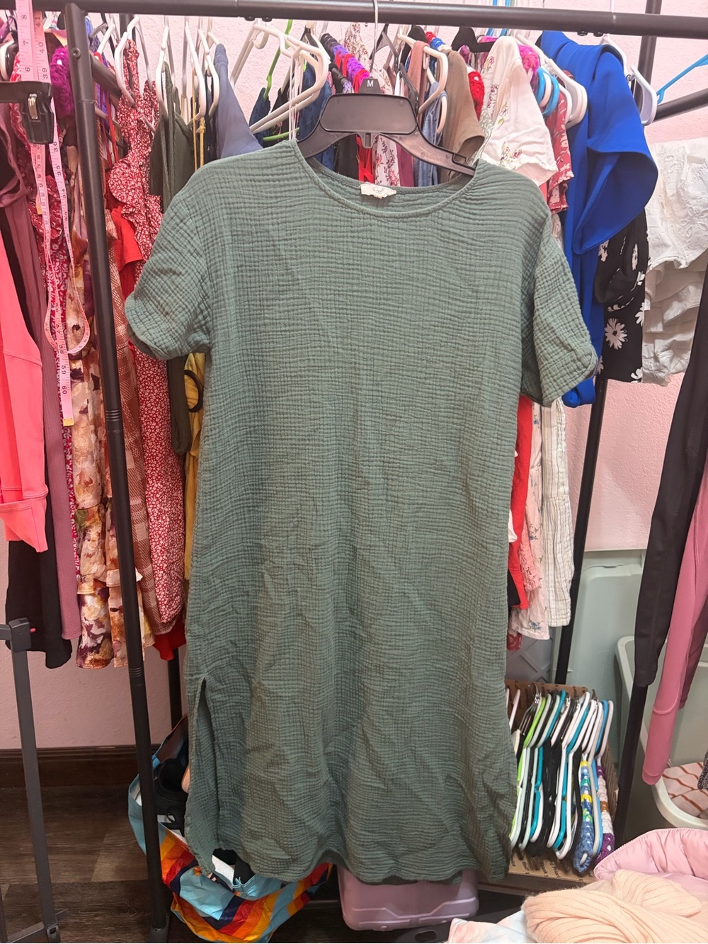 easel Textured Short Sleeve Maxi Dress in Olive Green